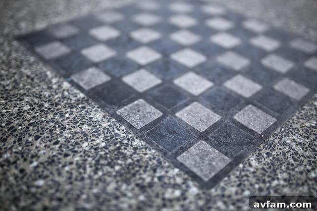 Checkerboard Terrazzo Floor Design A stylish bathroom featuring a black and white checkerboard terrazzo tile floor, creating a bold, graphic look.