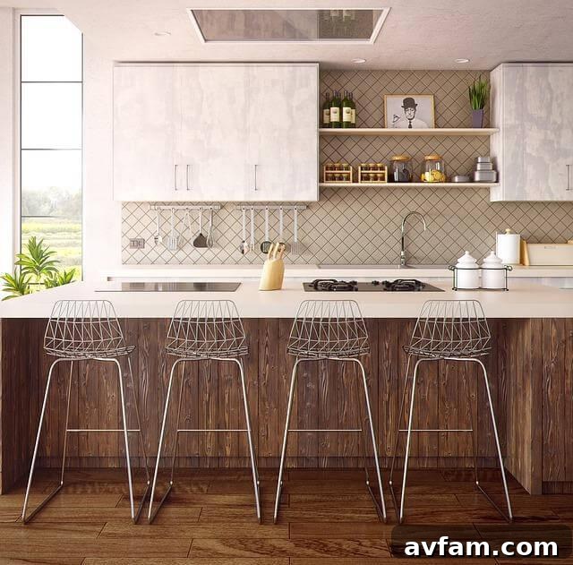 A modern kitchen featuring ample counter space and inviting bar