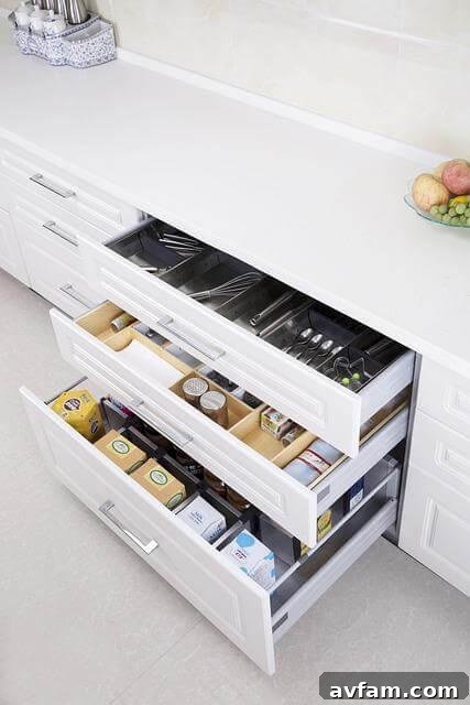A kitchen counter with a drawer full of organized food