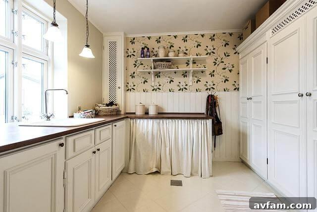 Kitchen with white cabinets and floral wallpaper