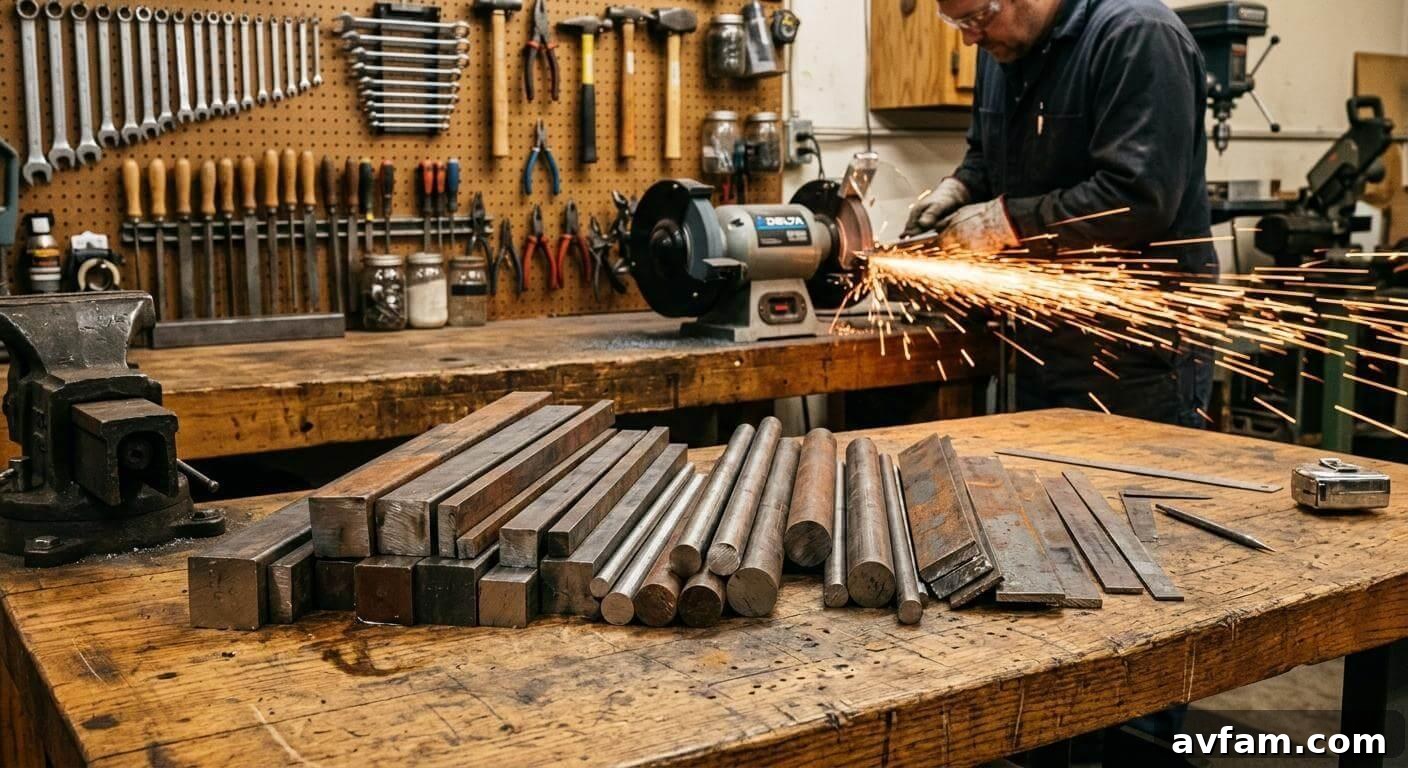 Assorted steel bar stock laid out on a workshop bench with a grinder throwing sparks in the background