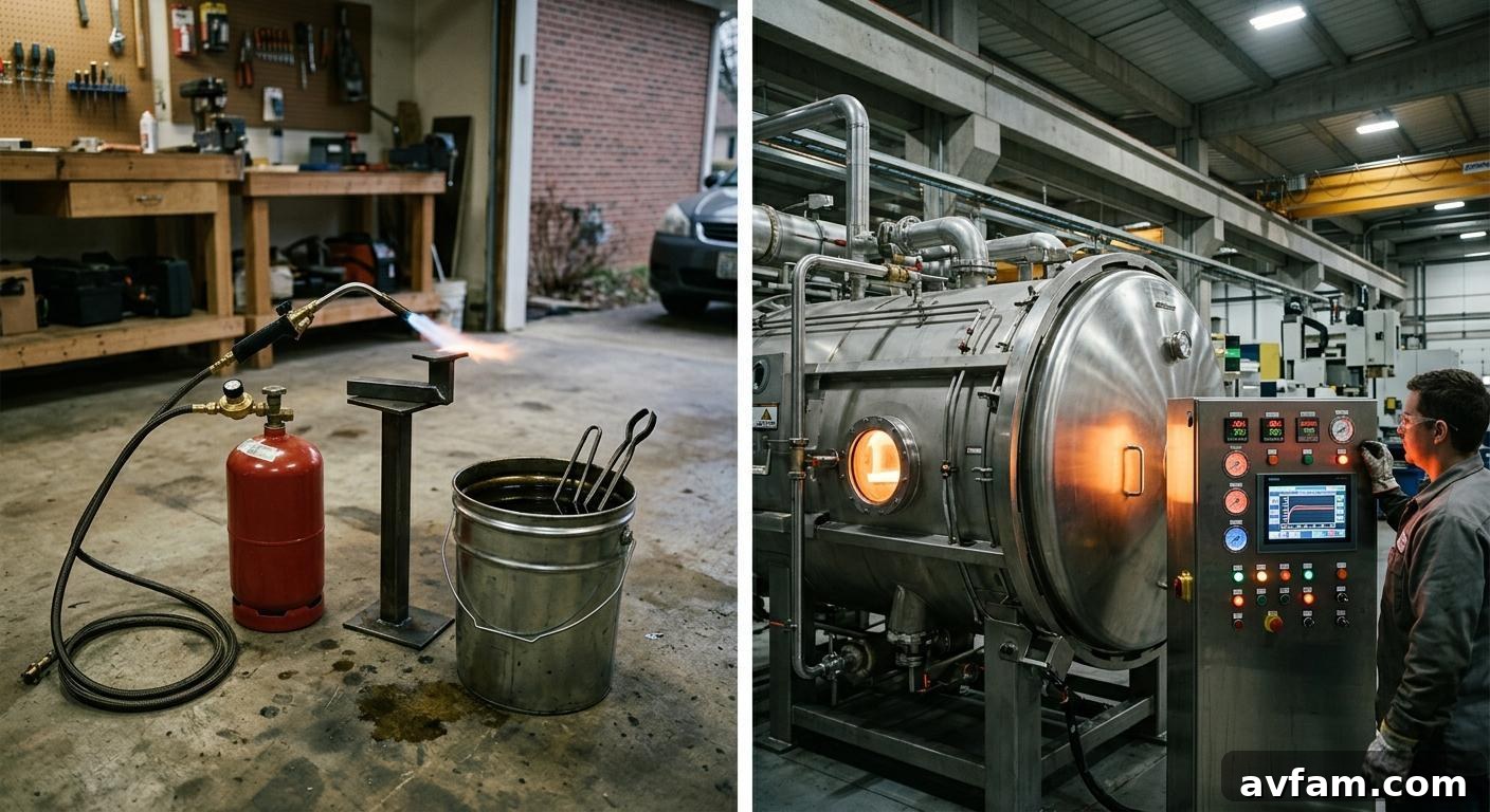 Home propane torch and quench bucket on the left versus a large industrial vacuum heat treating furnace on the right