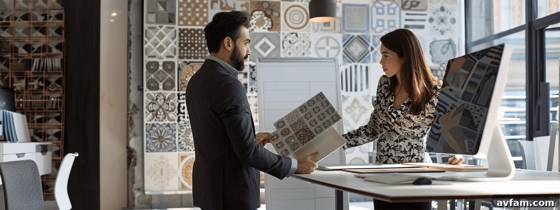 People comparing tile options on a computer