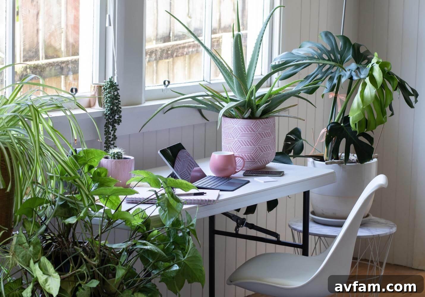 Desk with plants and a laptop