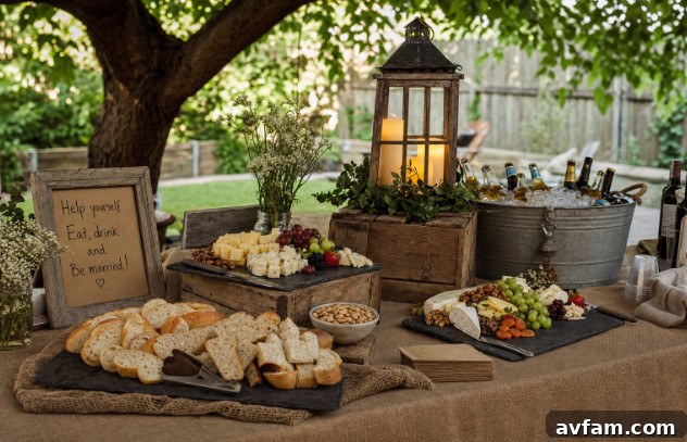 4 Creative Ways to Build an Epic Backyard Party Theme 3 Rustic outdoor wedding buffet with bread, cheese, and drinks