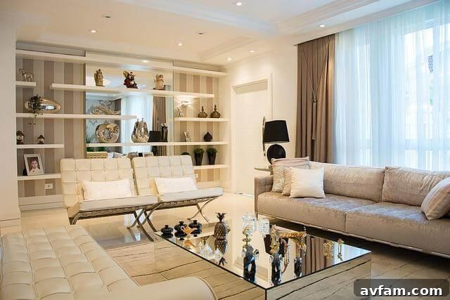 A spacious living room with elegant furniture and a