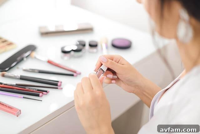 Woman applying makeup at a vanity