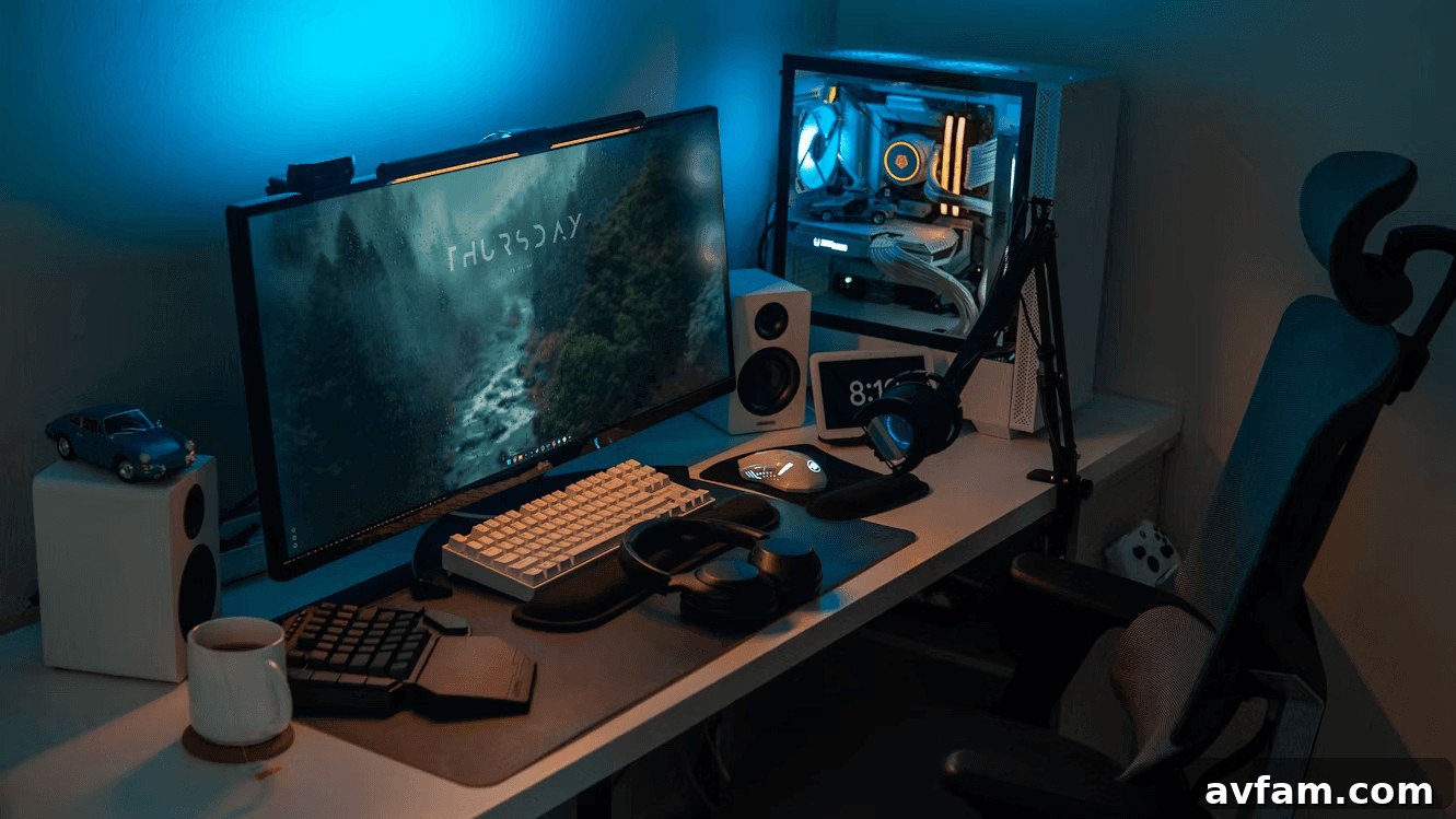 Gaming computer desk with monitor and keyboard