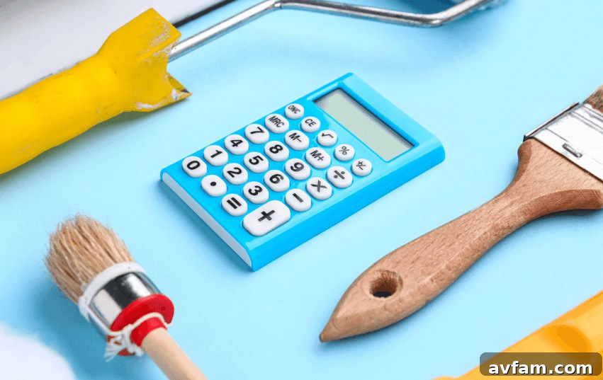 Blue calculator, paintbrush, and paint roller
