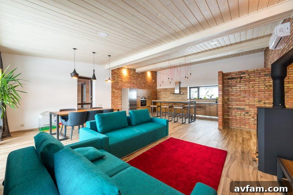 An open-concept barndominium interior