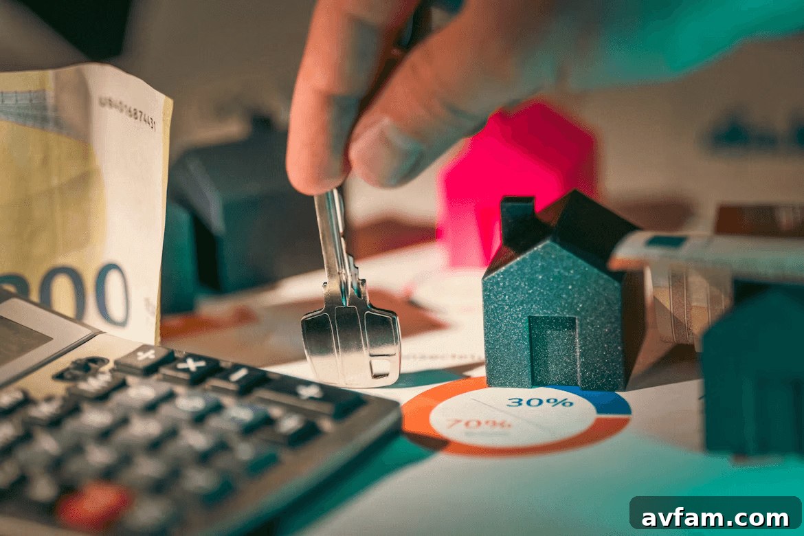 Person holding a house key next to a calculator