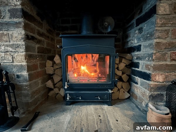 Wood burning stove in a brick fireplace