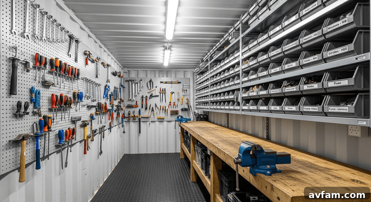 Tools neatly organized on a wall in a