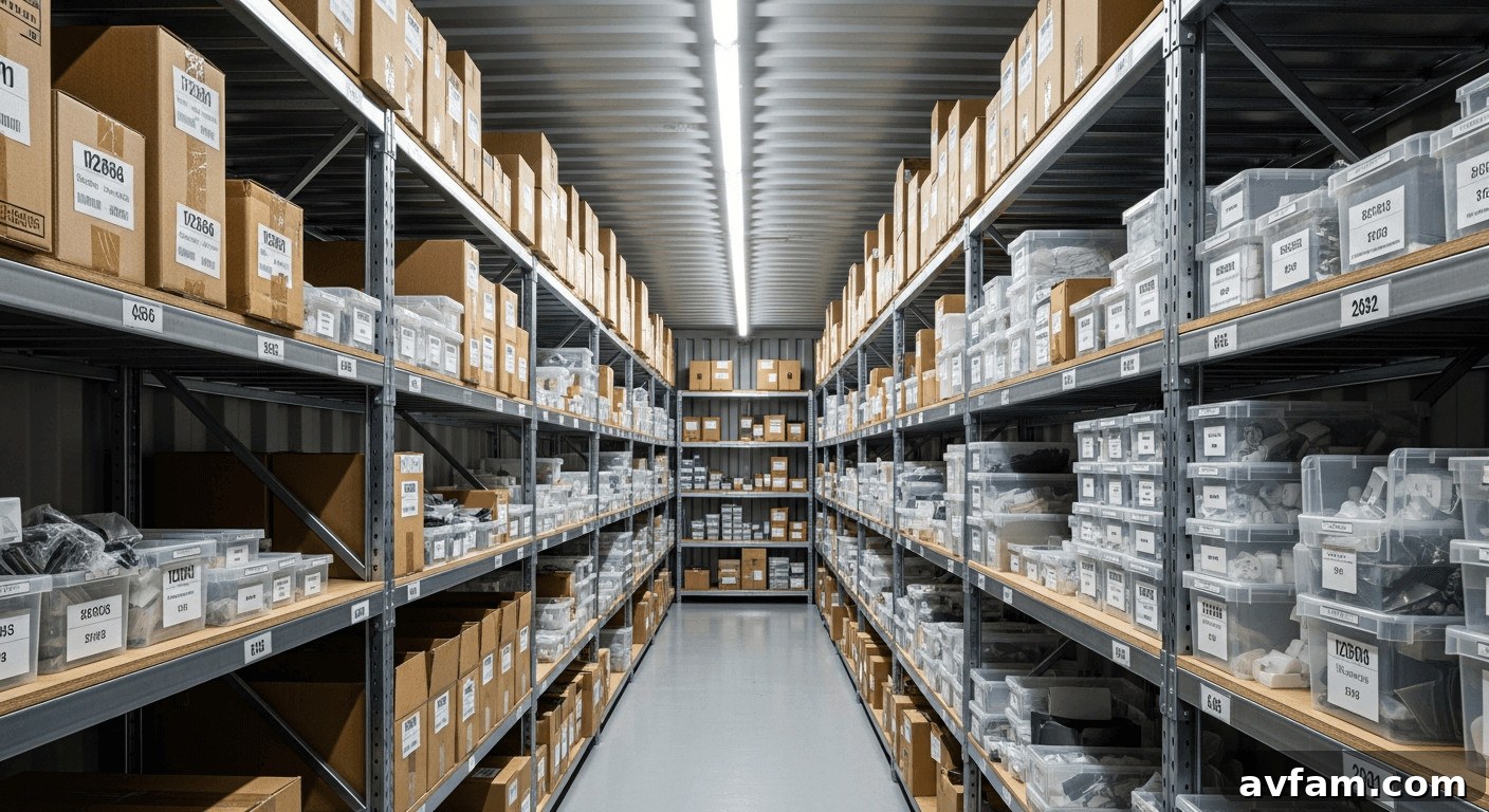 Large warehouse with shelves full of organized boxes