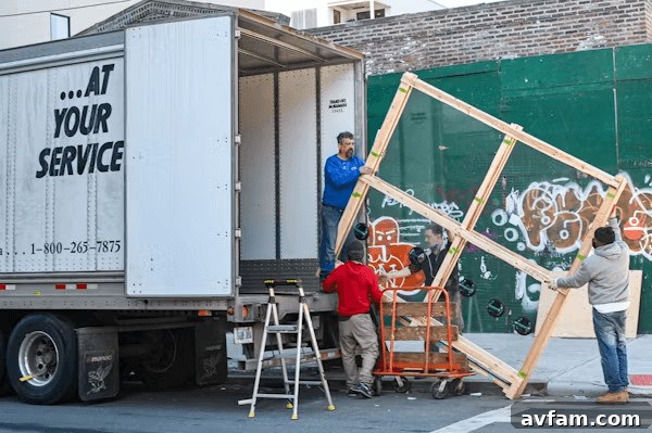 Movers unloading a large piece of wood