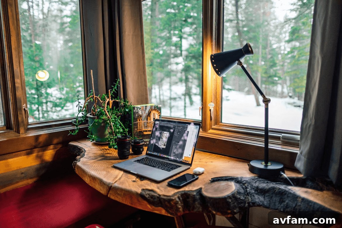 Laptop computer on a wooden desk for a comfortable home