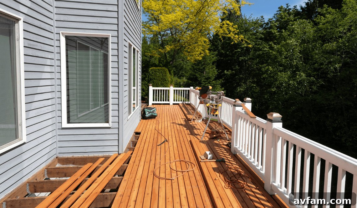 Build a Long-Lasting Outdoor Deck: Expert Tips 3 Durable wooden deck with white railing and bright