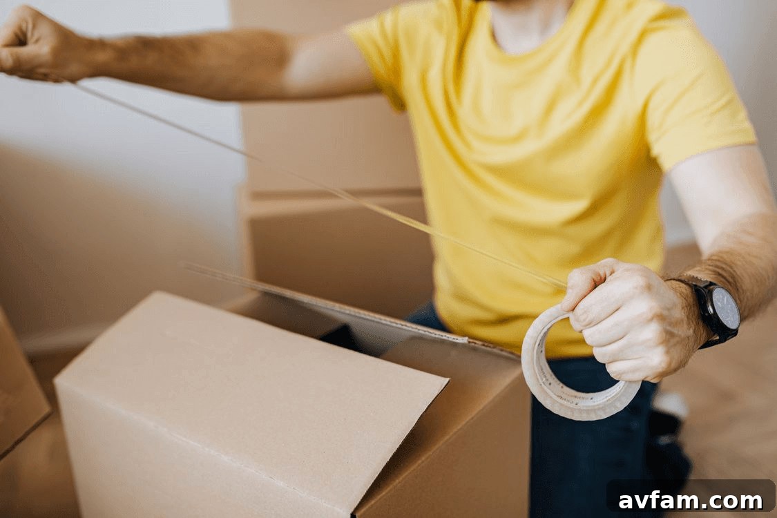 Stay Organized During a Home Move: Essential Tips and Checklist 2 Man in yellow shirt holding packing tape, staying organized