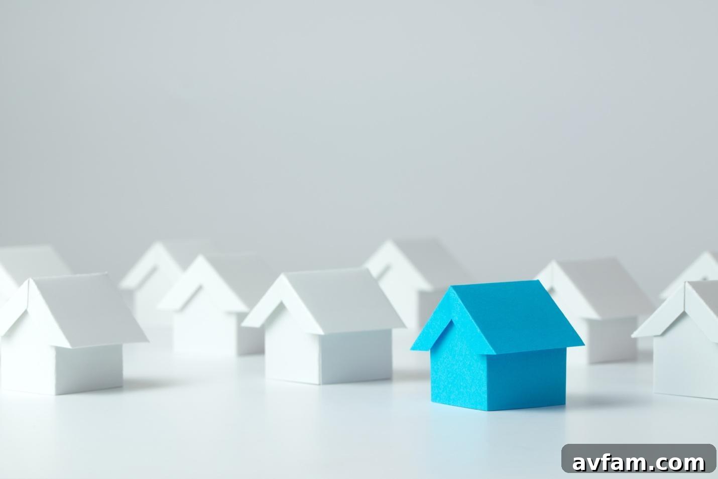 Blue 3d house and several white 3d houses