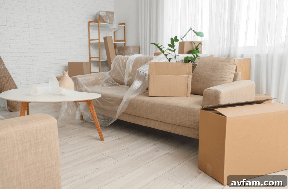room packed with boxes and furniture for a move