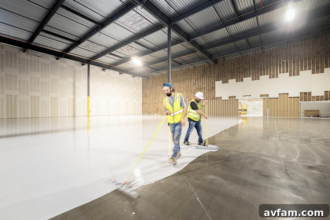 Concrete Floor Coatings for Homes: Types, Prep & Finish 3 A worker applying floor coating with a roller on concrete