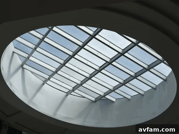 Circular skylight illuminating a modern living space