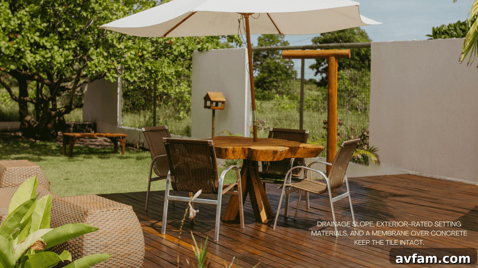 Wooden deck patio with table, chairs, and