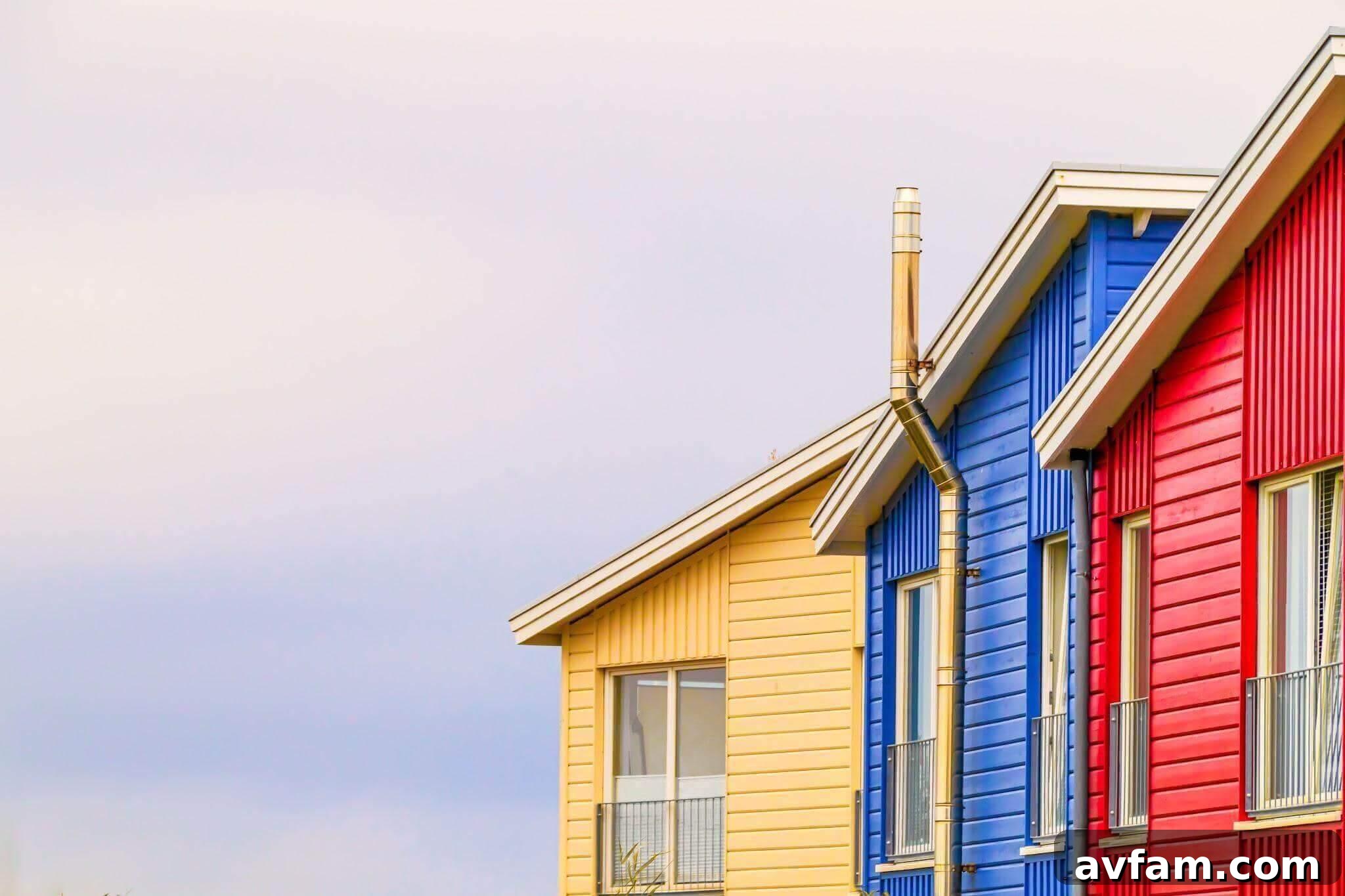 Row of colorful houses on a cloudy day