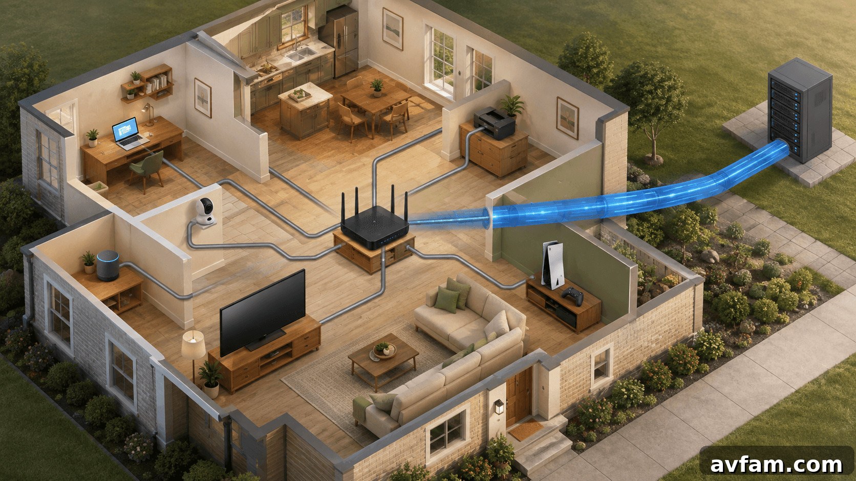 Aerial view of a house with a blue light