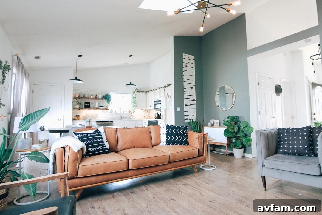 The stylishly renovated living room of a modern short-term rental home