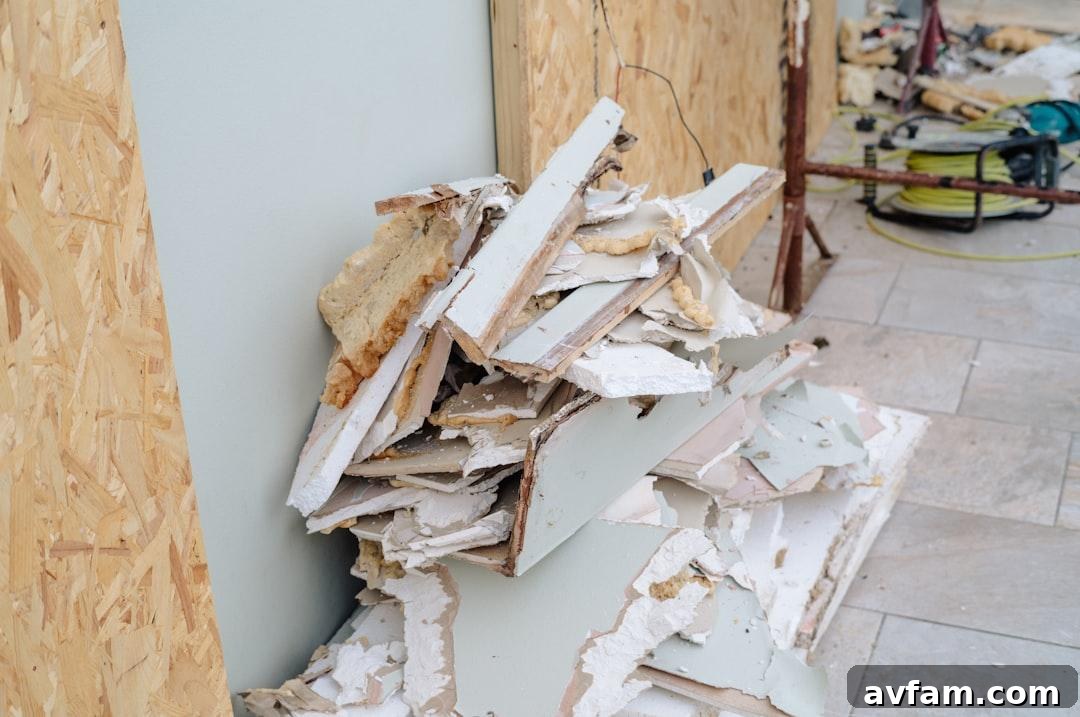 What Happens During a Professional Mold Remediation? 3 Pile of broken drywall and construction debris