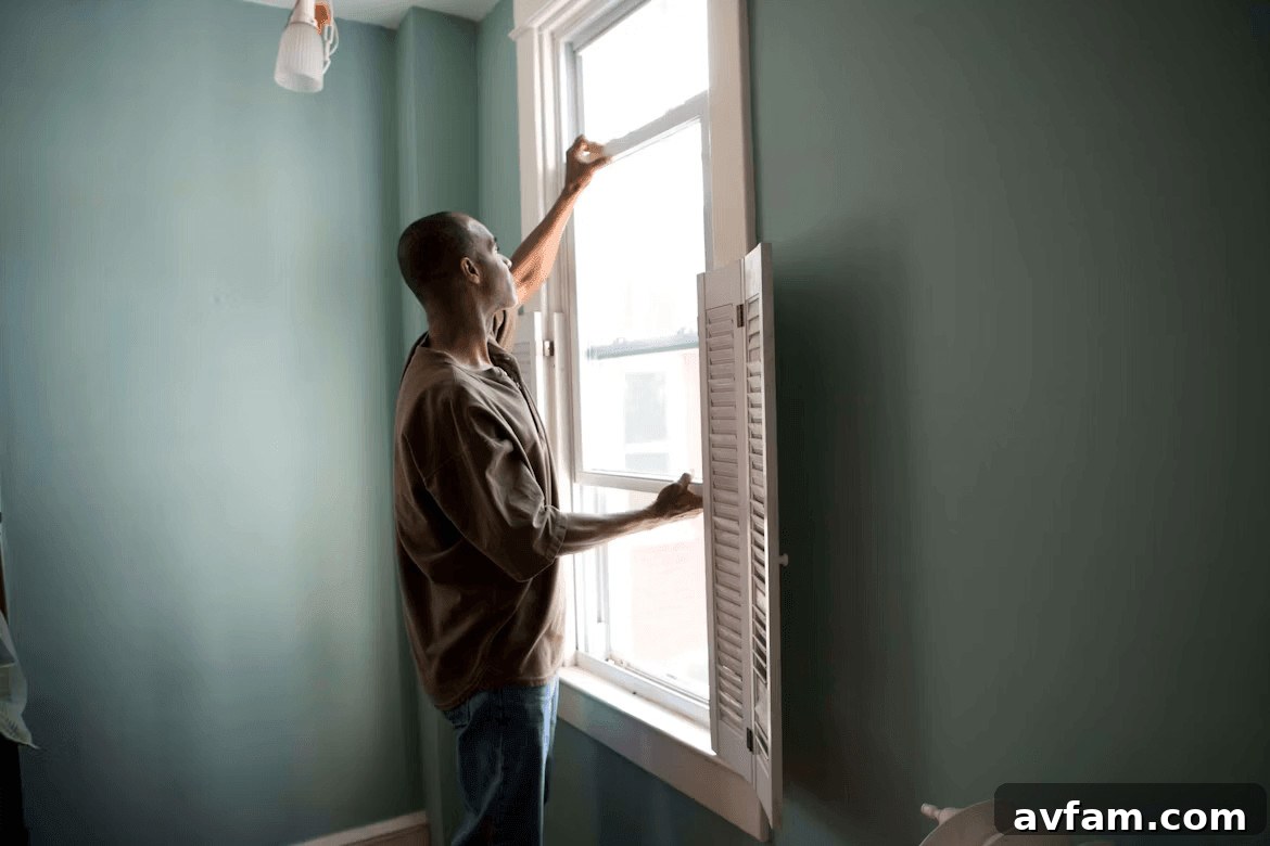 Man looking out a window, checking for