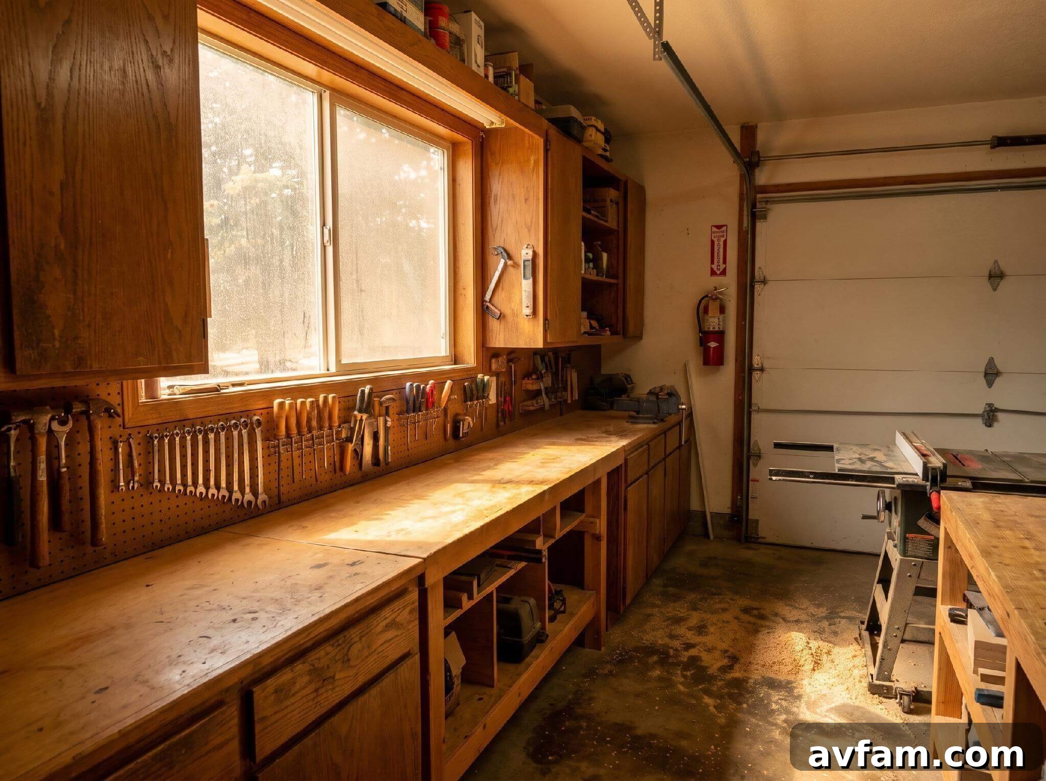 Protect Your Workshop and Tools from Fire and How to Respond 2 A well-organized home garage workshop with a pegboard of hand tools and a red fire extinguisher mounted near the door