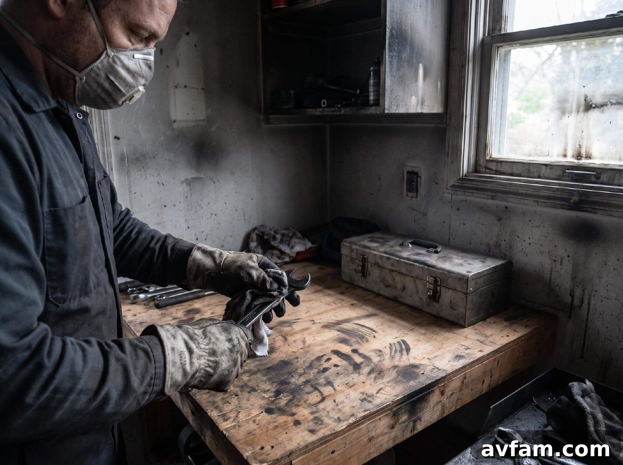 Protect Your Workshop and Tools from Fire and How to Respond 3 A homeowner in work gloves wiping soot off a metal hand tool on a workbench after a fire