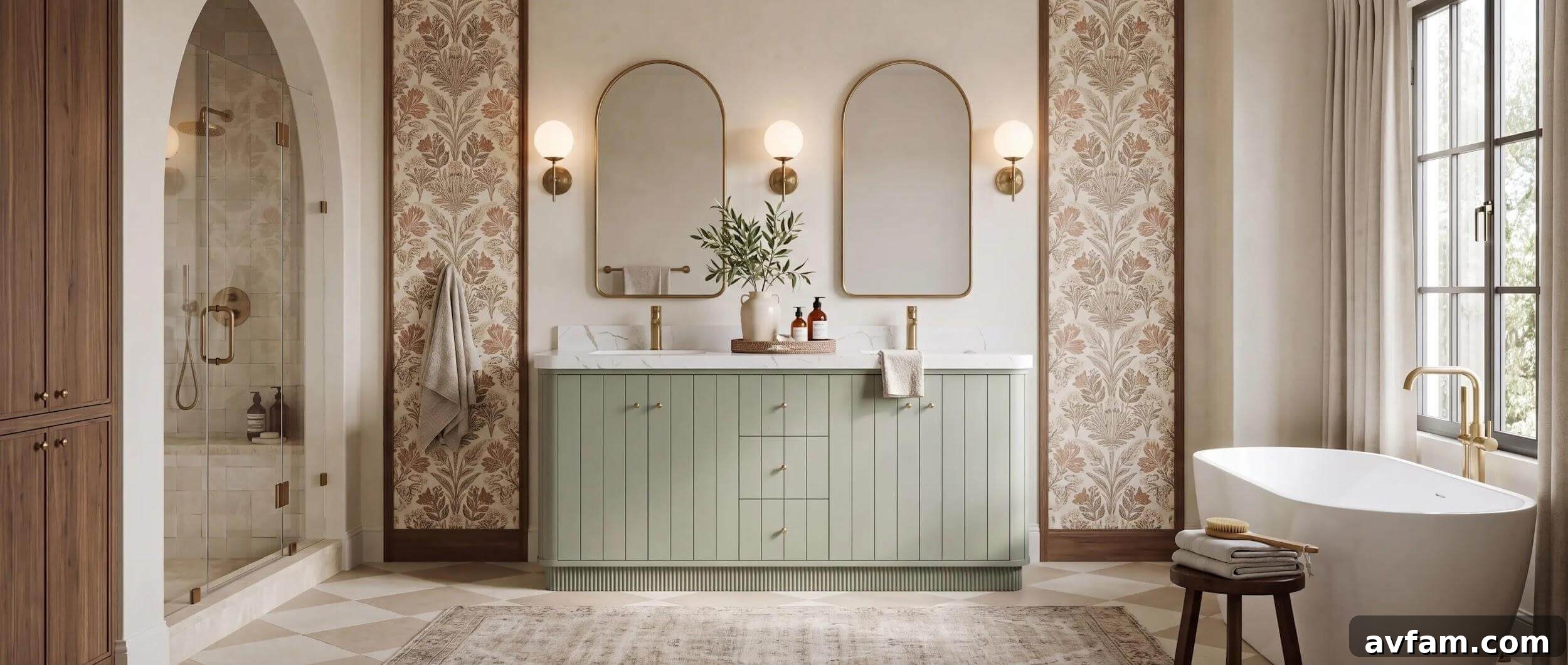 Houston 72-inch double-sink vanity in Evergreen with pale walls and botanical wall panels in an AI-assisted interior rendering.