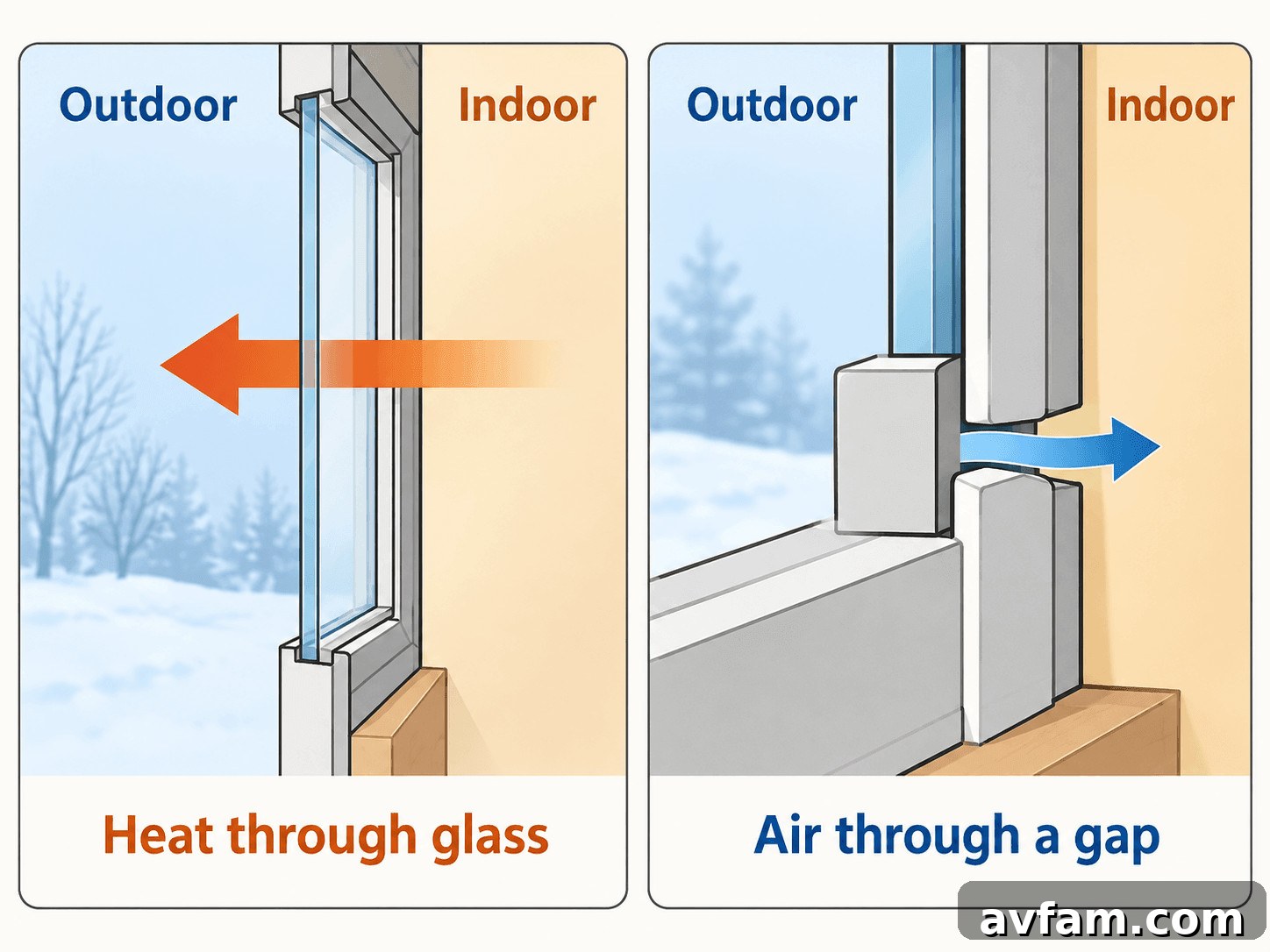 Diagram comparing heat passing through glass with outside air entering a window gap.