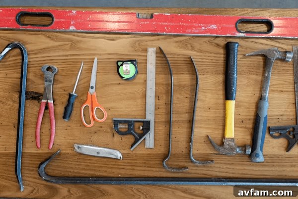 Tools for window installation displayed on a