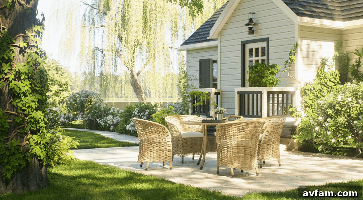 A designed patio with an outdoor dining table